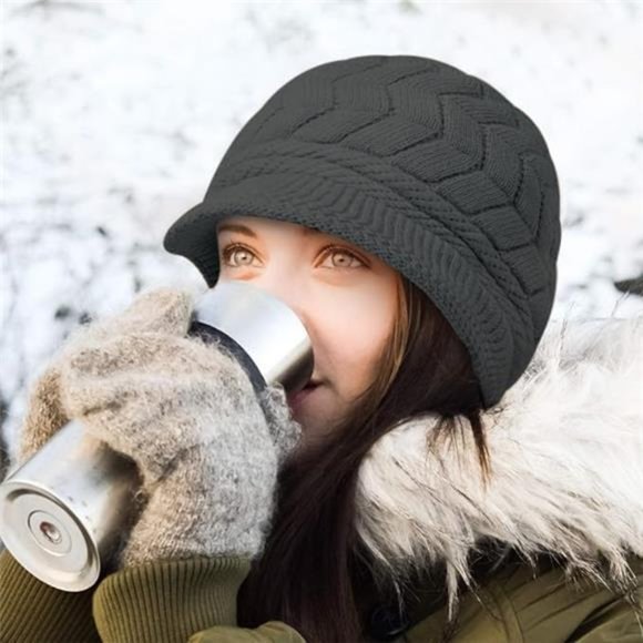 Women\'s Winter Beanie Warm Knitted Slouchy Wool Hats Cap with Visor, Dark Gray main image 6